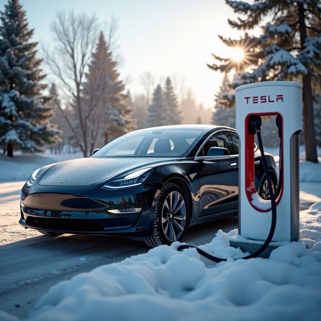 das Aufladen eines Tesla bei kaltem Wetter